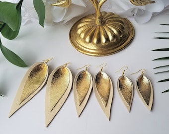 Leather Leaf Earrings, Yellowstone Style Ranch Earrings, Boho Statement Earrings, Ivory and Gold Leather Earrings, Pinched Leaf Jewelry