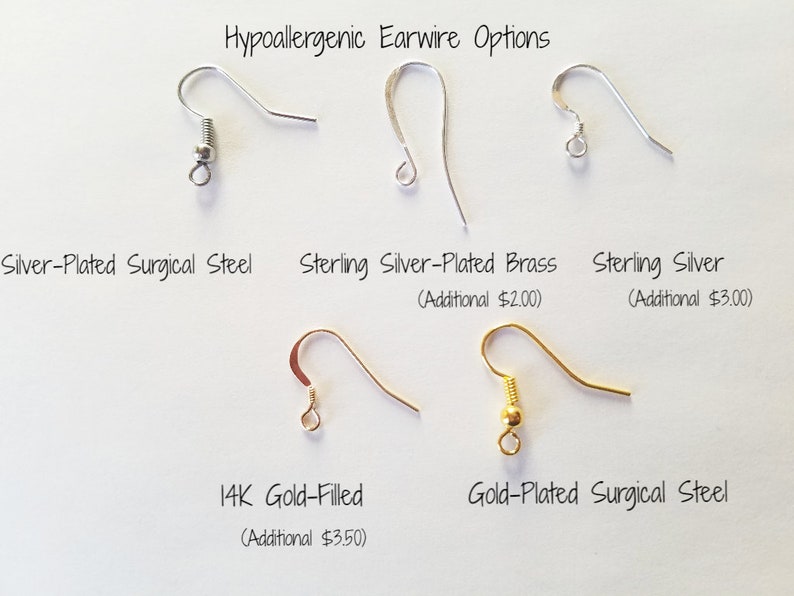 May include: Five different hypoallergenic earwire options for earrings.  The options are silver-plated surgical steel, sterling silver-plated brass, sterling silver, 14K gold-filled, and gold-plated surgical steel.  Each earwire is shown in a close-up image.