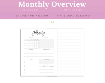 Monthly Overview Planner Printable Page, B5 Ring and Disc Bound  | PDSH-1200-B5, Instant Download