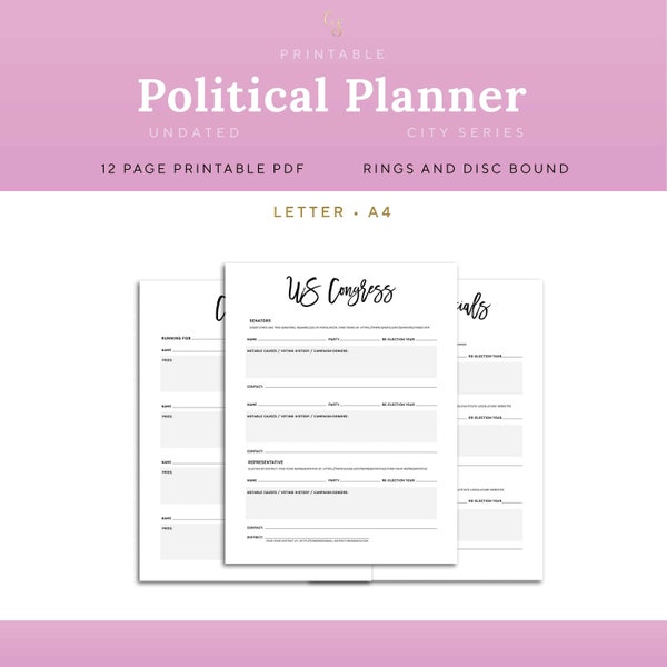 Political Planner Printable Election Worksheet Pages, Letter and A4 size | PPOL-1200-L, Instant Download