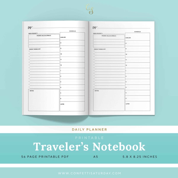 Daily Travelers Notebook Inserts, A5 Undated Printable Planner Refill | PTDS-1200-A5, Instant Download