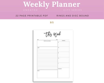 Weekly Planner Printable Page, B5 Rings | PWEK-1200-B5, Instant Download