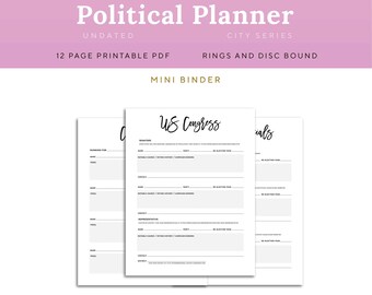 Political Planner Printable Election Worksheet Pages, Mini Binder size | PPOL-1200-MB, Instant Download