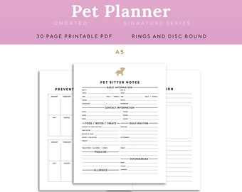 Pet Planner Printable, A5 Rings and Discs Inserts | PPET-1009-A5, Instant Download