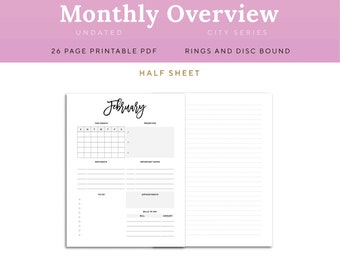 Monthly Overview Planner Insert, Half Sheet Ring, Junior Disc Bound Printable | PDSH-1200-HS, Instant Download