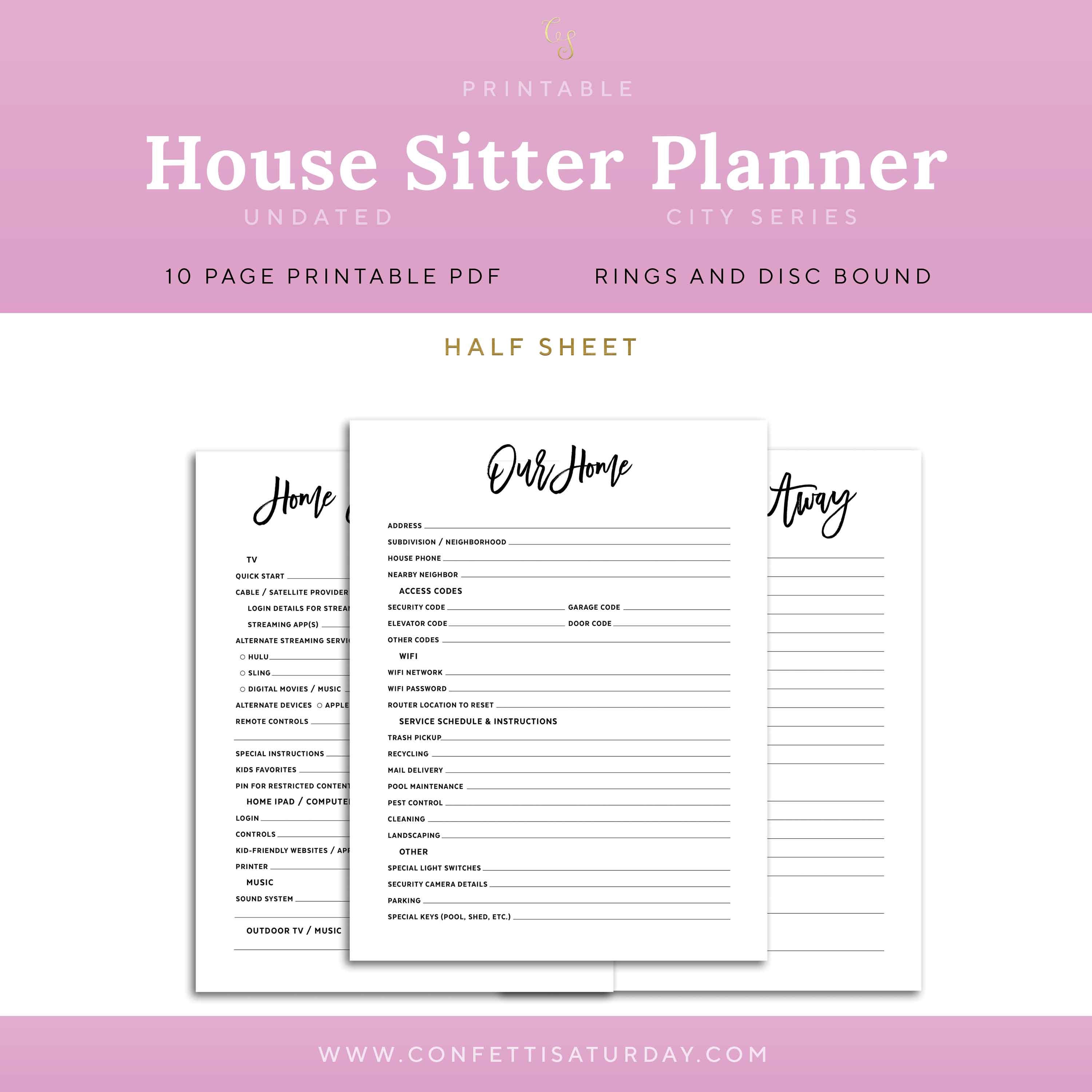 House Sitter Planner Pages Printable Half Sheet Rings Junior - Etsy