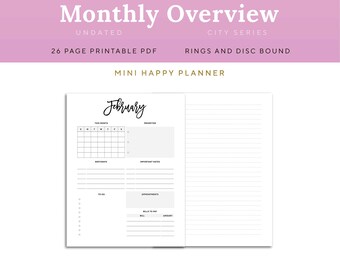 Monthly Overview Planner Printable Page, Mini Happy Planner Disc Bound  | PDSH-1200-MHP, Instant Download