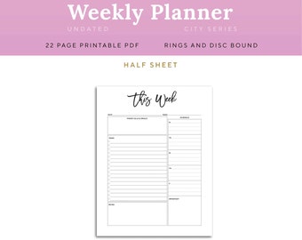 Weekly Planner Page Printable, Half Sheet Rings and Junior Disc Bound | PWEK-1200-HS, Instant Download