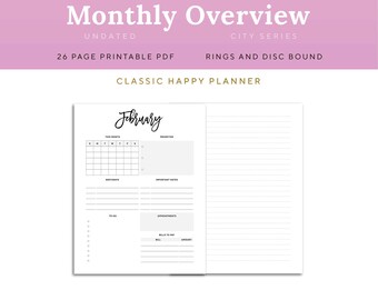 Monthly Overview Planner Printable Page, Classic Happy Planner Disc Bound  | PDSH-1200-CHP, Instant Download