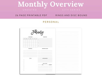 Monthly Overview Planner Insert, Personal Ring Bound Printable | PDSH-1200-PR, Instant Download