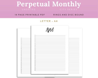 Perpetual Planner Printable, Letter and A4 Rings and Disc Bound, Monthly List Undated | PMTL-1200-L, Instant Download