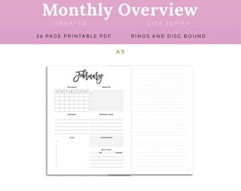 Monthly Overview Planner Page, A5 Ring and Disc Bound Printable | PDSH-1200-A5, Instant Download