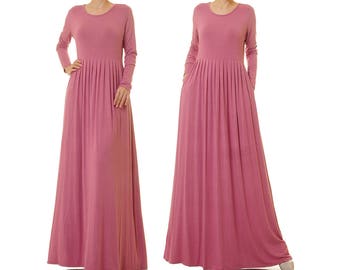 Dusty Pink Dress | Long Mauve Dress For Women | Pink Knit Dress With Pockets | Rose Pink Dress | Plus Size Maxi Dress Maternity 6493