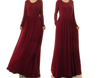 Long Burgundy Dress | Burgundy Maxi Dress Long Sleeve | Red Knit Dress With Pockets | Long Maroon Dress  Plus Size Maxi Dress Maternity 6492