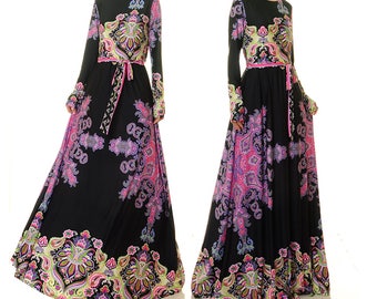 Gothic Dress Fit & Flare | Black Maxi Dress Ethnic Print | Boho Festival Dress | Abaya Dress | Gypsy Dress | Witch Dress Costume 6491