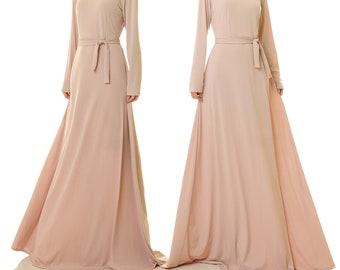 Beige Maxi Dress | Swing Dress Abaya | Fit Flare Dress | Beige Dress Long Sleeve Winter Dress | Wedding Guest Dress Church Dress Woman 6578