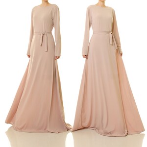 Beige Maxi Dress Swing Dress Abaya Fit Flare Dress Beige Dress Long Sleeve Winter Dress Wedding Guest Dress Church Dress Woman 6578 image 1