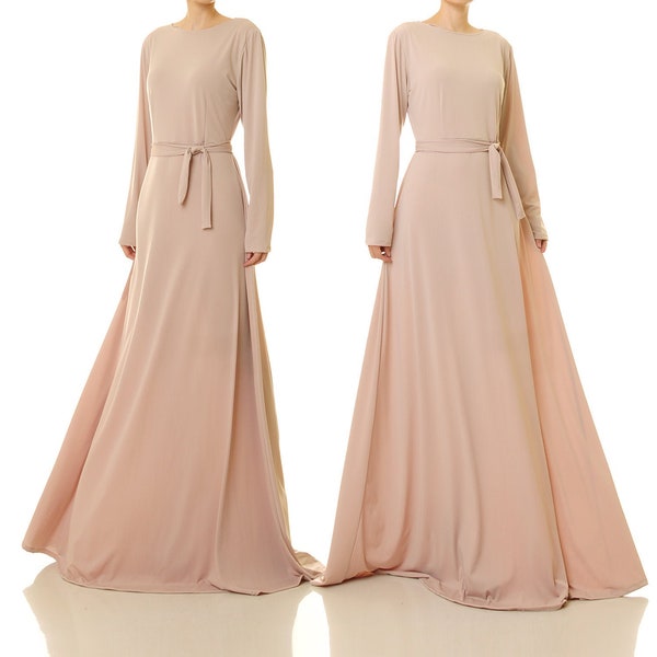 Beige Maxi Dress | Swing Dress Abaya | Fit Flare Dress | Beige Dress Long Sleeve Winter Dress | Wedding Guest Dress Church Dress Woman 6578