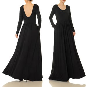 Black Maxi Dress: Low Back, Long Sleeve Knit Gown with Pockets