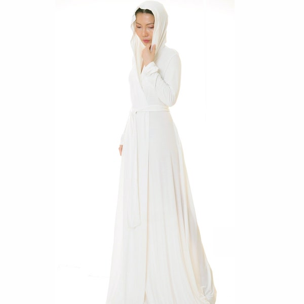 PETITE (56" LONG) White Kimono Dressing Gown w Hoodie & Pocket | Bridal Dressing Robe | Getting Ready Robe Wedding | White Cloak Hood 6708