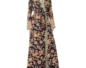 Batik Kimono Robe: Navy Floral Full Length Dressing Gown