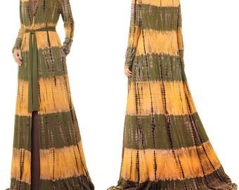 Green Tie Dye Kimono Robe | Boho Open Duster Cardigan with Pockets