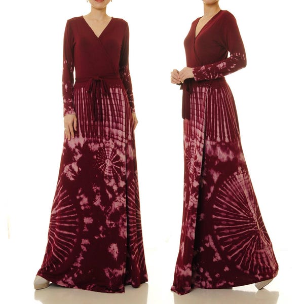Hand-Dyed Red Tie-Dye Wrap Maxi Dress | Long Sleeve Boho Gown