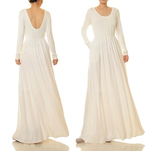 White Maxi Dress Floor Length Open Back w Pockets | Long Sleeve White Dress | White Prom Dress | White Gown Summer Casual Wedding Dress 6674