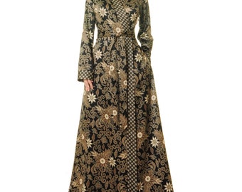 Black Silky Satin Batik Kimono Robe: Floor Length Resort Wear