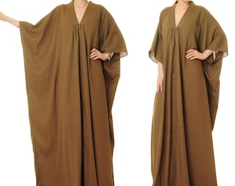 Linen Kaftan Dress w/ Front Zip | Oversized Linen Caftan Kimono Neckline | Brown Cotton Kaftan Linen Maxi Dress Abaya Long Kaftan Dress 6657