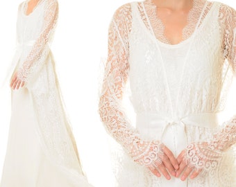 White Lace Robe Wedding Dress Boho Bridal Robe Lingerie | Peignoir Robe Long | Boudoir Robe Lace Maternity Dress Photo Shoot 6614