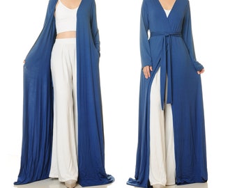 Long Cardigan Duster Coat | Royal Blue Open Front Cardigan w/ Pockets | Kimono Robe Long Sleeve Cover Up | House Robe Women Loungewear  6633