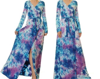 Wrap Dress Tie Dye Dress | Maxi Dress Long Sleeve | Festival Dress Hippie Dress | Tie Dye Maxi Dress Boho Dress Modest Dress Women 6608