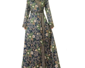 Navy Batik Satin Kimono Robe: Boho Loungewear, Bridal Dressing Gown