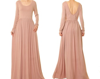 Long Sleeve Low Back Maxi Dress With Pockets | Dusty Pink Fit & Flare Floor Length Dress | Gathered Waist Formal Maxi Dress W/ Sleeves 6672