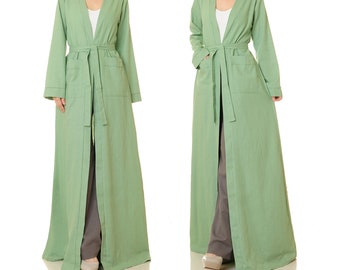Linen Robe With Pockets | Mint Green Cardigan Kimono Robe | Cotton Linen Open Front Duster House Coat | Summer Dressing Gown Jacket 6646