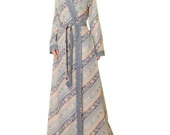 Blue Batik Kimono Robe: Bohemian Resort Wear, Long Dressing Gown