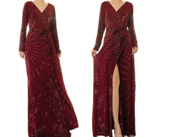 Wrap Dress Long Sleeve | Red Wrap Dress | Tie Dye Shibori Dress | Tie Dye Maxi Dress Plus Size | Wrap Maxi Dress Boho | Burgundy Dress 6603