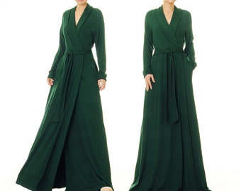 Emerald Green Dressing Gown | Fit & Flare Vintage Style Housecoat | Get Ready Wrap Kimono Robe Full Length | Hollywood Robe Loungewear 6731