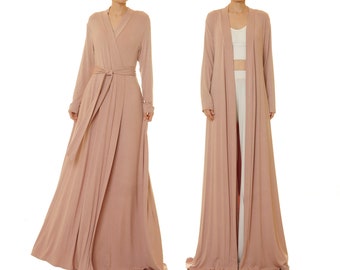 Dusty Pink Dressing Gown | Full Length Belted Wrap Robe w/ Pockets | Kimono Robe Knitwear Lounge Dress | Bridesmaids Getting Ready Robe 6697