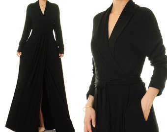 Black Kimono Robe Dressing Gown | Fit & Flared Black Wrap Dress Shawl Collar | Getting Ready Robe | Hollywood 70s Robe | Lounging Dress 6732