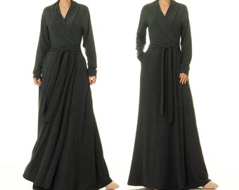 Charcoal Grey Kimono Robe Shawl Collar | Getting Ready Robe Long Wrap Dress | Cozy Loungewear Vintage Style | Fashion Gifts For Mom 6733