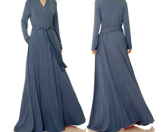 Dressing Gown Wrap Robe Slate Blue | Full Length Kimono Wedding Robe | Loungewear Fit Flare Coat | Getting Ready Robe w/ Pockets & Belt 6702