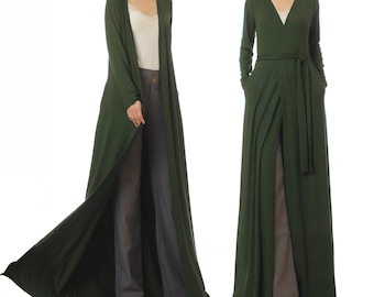 Olive Green Maxi Cardigan Women | Long Sleeve Open Front Cardigan Duster With Pockets | Green Kimono House Robe Lounge Wear Coat 6597