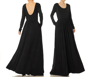 Black Maxi Dress, Low Back, Fit & Flare | Floor Length Black Evening Gown | Gothic Dress Long Sleeves w/ Pockets | Festival Dress 6678