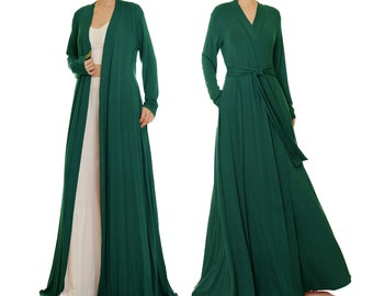 Emerald Green Long Cardigan Coat | Kimono Robe Long | Get Ready Robes | Dressing Gown Green | Loungewear Dress | Floor Length Nightgown 6710