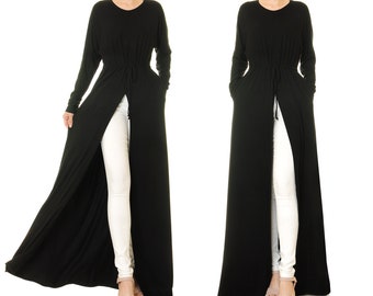 Long Sleeve Floor Length Dress Slit 