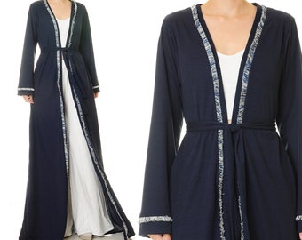 Navy Cardigan Open-Style Kimono Dressing Robe | Rib Knit Getting Ready Dressing Robe w/ Pockets | Sweater Duster Coat Loungewear Gown 6660