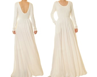 White Long Sleeve Open Back Maxi Dress With Pockets | Fit & Flare Dress Floor Length | Summer Wedding Dress | White Gown Low Back Dress 6674