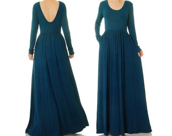 Long Sleeve Teal Maxi Dress With Pockets | Low Back Teal Dress | Fit & Flare Floor Length Evening Dress | Plus Size Cocktail Dress 6677